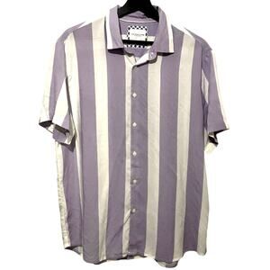 Denim & Flower Mens Button Up Shirt Size Large Purple White Stripes Short Sleeve
